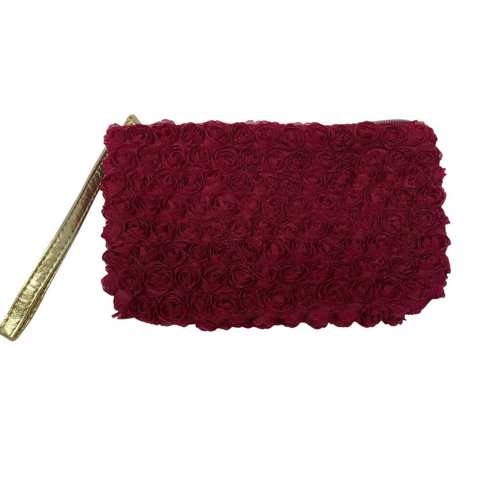 Neiman Marcus Wristlet Women's Burgundy Red Rosette Floral Gold Strap Clutch Bag